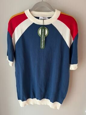 NWT OXKNIT Mens Retro 60s 70s Mod Knit Short Sleeve Sweater Blue Colorblock Sz S